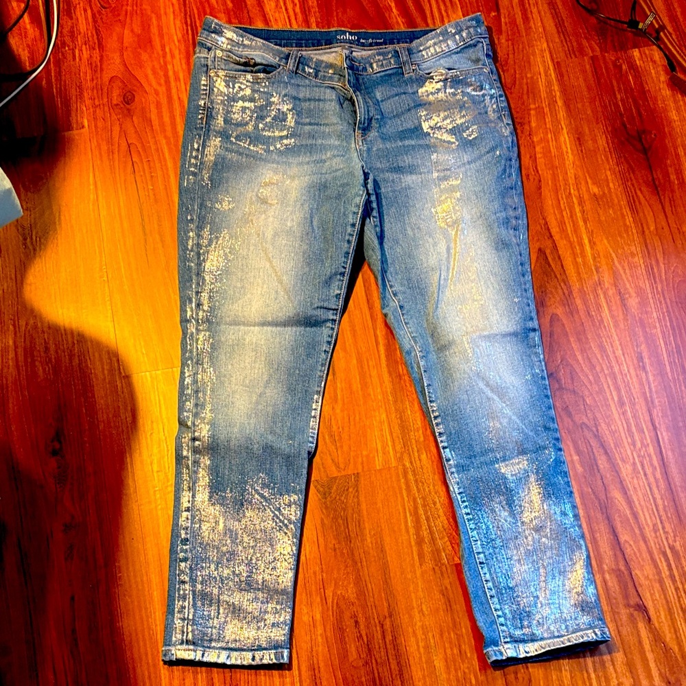 New York & Co Soho Distressed Blue Boyfriend jeans.  Silver streaked Size 14